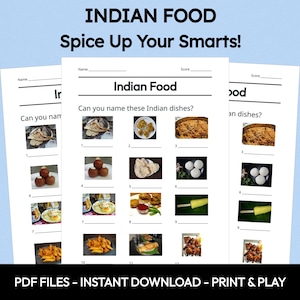 Cuestionario de comida india con imágenes, juego de trivia imprimible, juego de adivinanzas sobre cocina india, actividad para una noche en familia, juego de fiesta, descarga instantánea