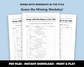 Songs with Weekdays Trivia Quiz: Missing Words Music Game (PDF Download)
