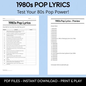 1980s Pop Lyrics Trivia Quiz, Printable Music Game (Instant Download) image 2