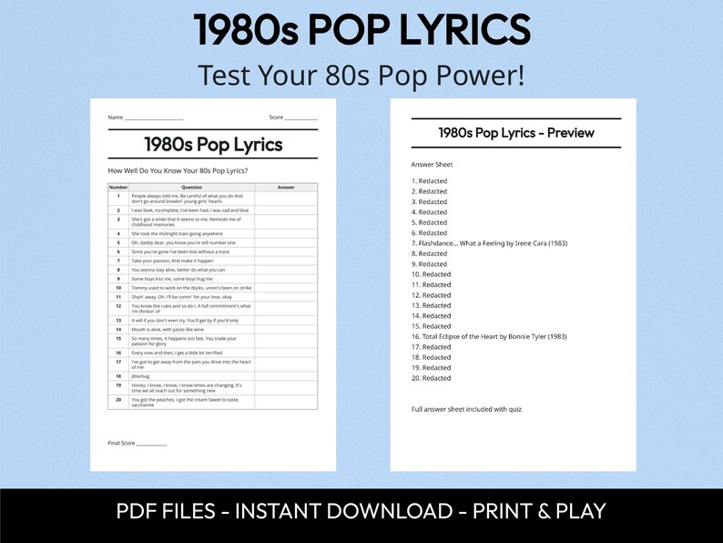 1980s Pop Lyrics Trivia Quiz, Printable Music Game (Instant Download) image 2