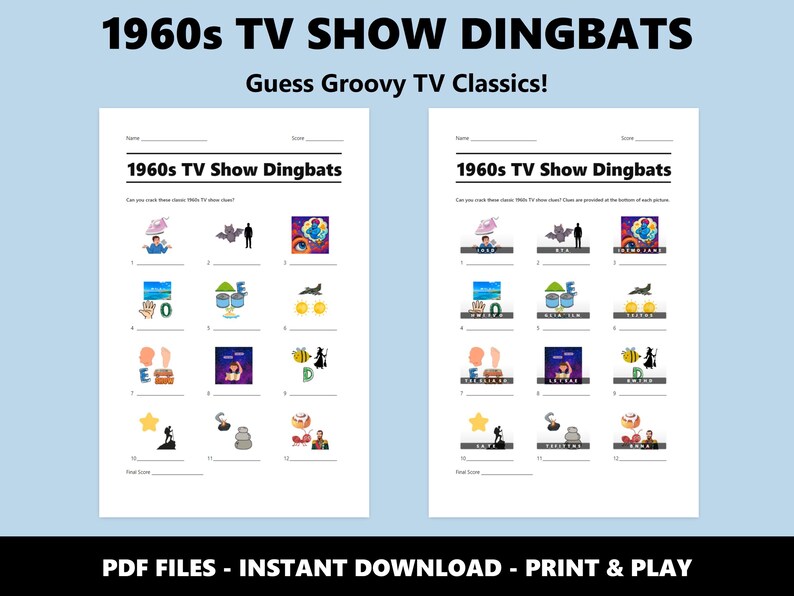 1960er Jahre TV-Show Dingbats Bild Quiz: Lustiges Quiz zum Ausdrucken für Partys (Instant PDF Download) Bild 2