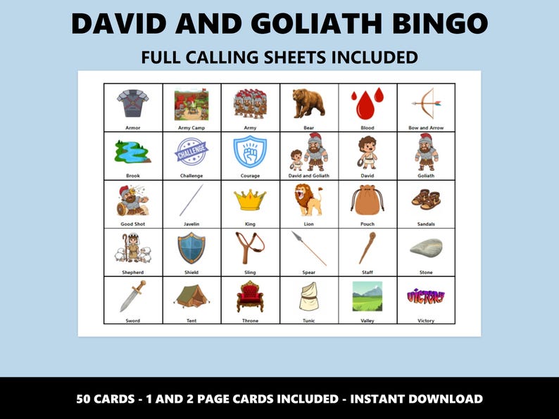 Bingo de David y Goliat: Juego de bingo con temática bíblica (Descarga instantánea) imagen 3