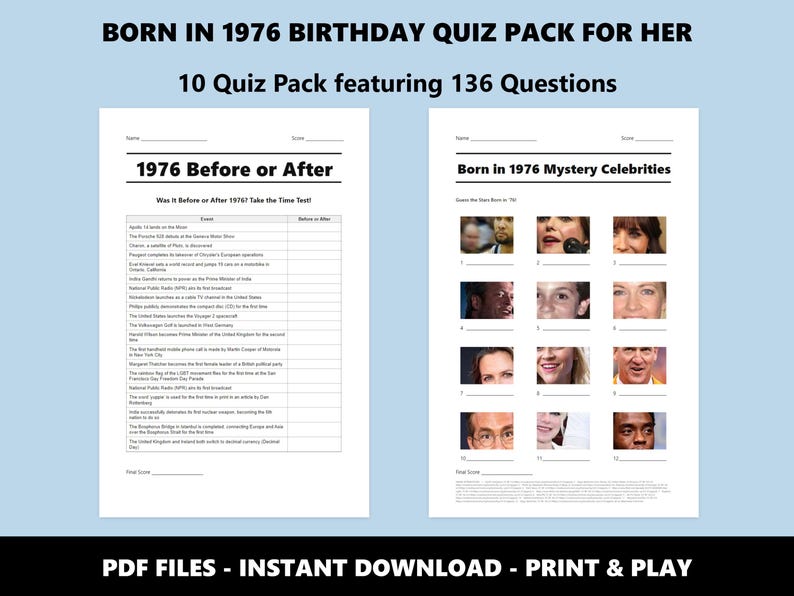 1976 Birthday Quiz Bundle For Her: 50th Birthday Trivia (Instant PDF Download) image 5
