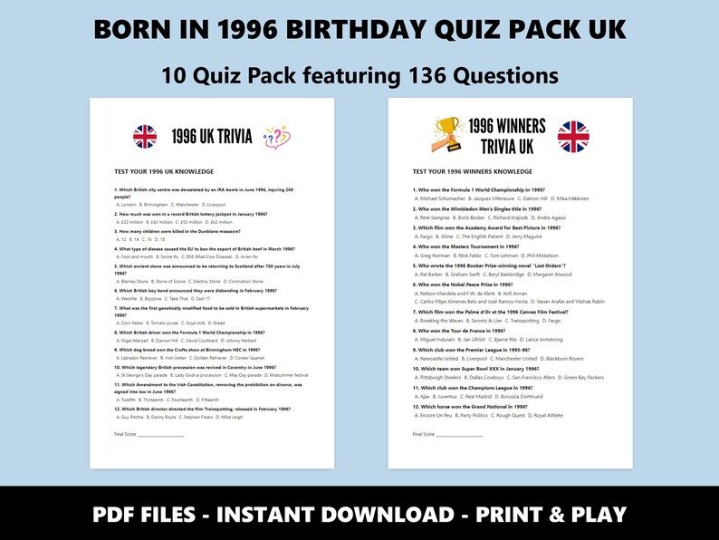 30e verjaardag UK Quiz Pack: Born in 1996 Trivia-bundel (directe pdf-download) afbeelding 5