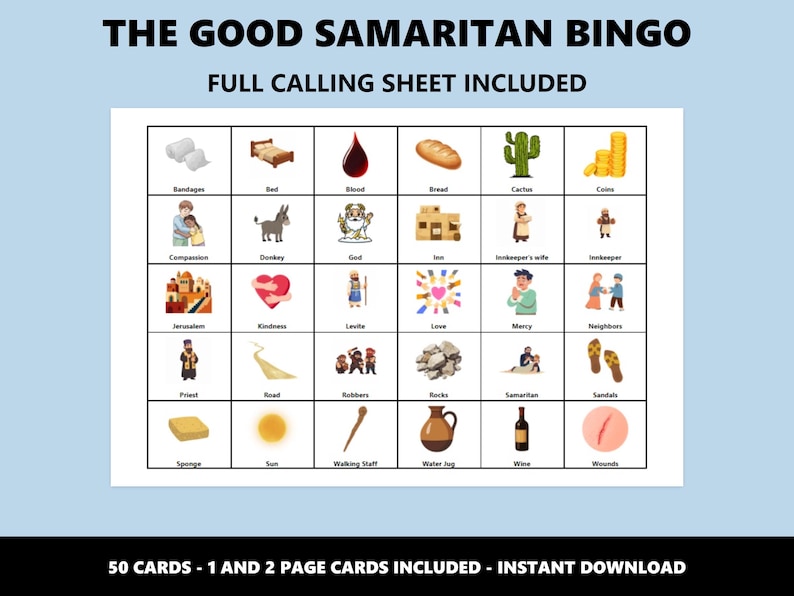 Der barmherzige Samariter Bingo: Bibel Gleichnis Themed Bingo Spiel (Instant Download) Bild 3