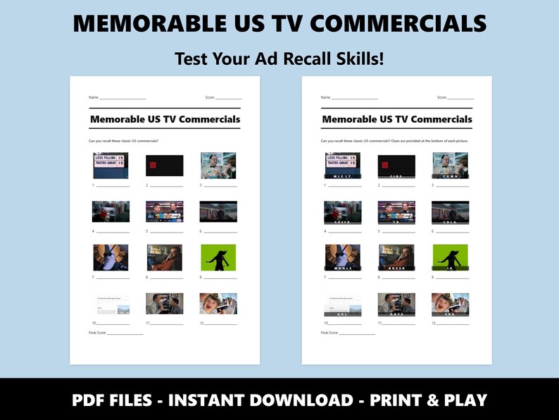 Concurso de imágenes de anuncios de televisión estadounidenses memorables: Juego de trivia familiar (Descarga instantánea en PDF) imagen 2