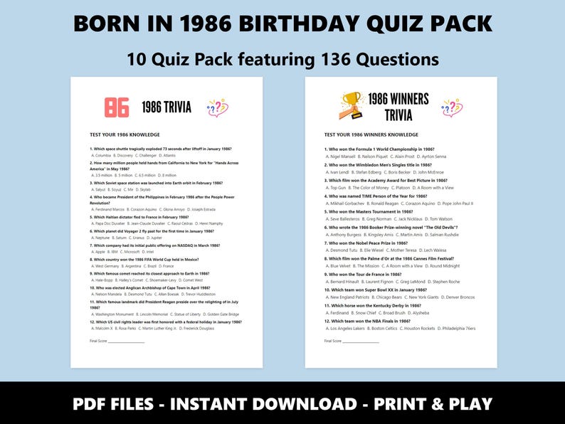 40th Birthday Quiz Pack: Born in 1986 Trivia Bundle (Instant PDF Download) image 5