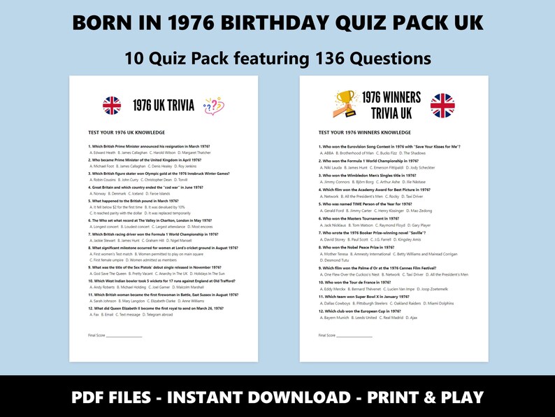 50th Birthday UK Quiz: Born in 1976 Trivia Bundle (Instant PDF Download) image 5