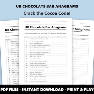 UK Chocolate Bar Anagrams Quiz: Printable Word Game (Instant PDF Download) image 1