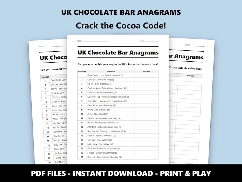 UK Chocolate Bar Anagrams Quiz: Printable Word Game (Instant PDF Download) image 1