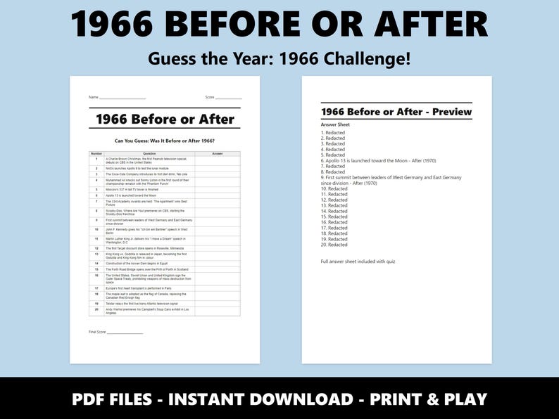 1966 Före eller efter Trivia Quiz: Roligt 60-årsfestspel (Direkt PDF-nedladdning) bild 2