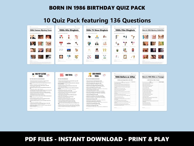 40th Birthday Quiz Pack: Born in 1986 Trivia Bundle (Instant PDF Download) image 1
