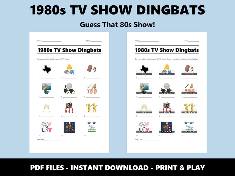 Test de imágenes de Dingbats, el programa de televisión de los 80: Divertido juego de trivia imprimible para fiestas (descarga instantánea en PDF) imagen 2