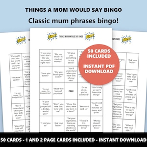Things a Mom Would Say Bingo: Classic Mum Phrases Bingo Game (Instant Download) image 1