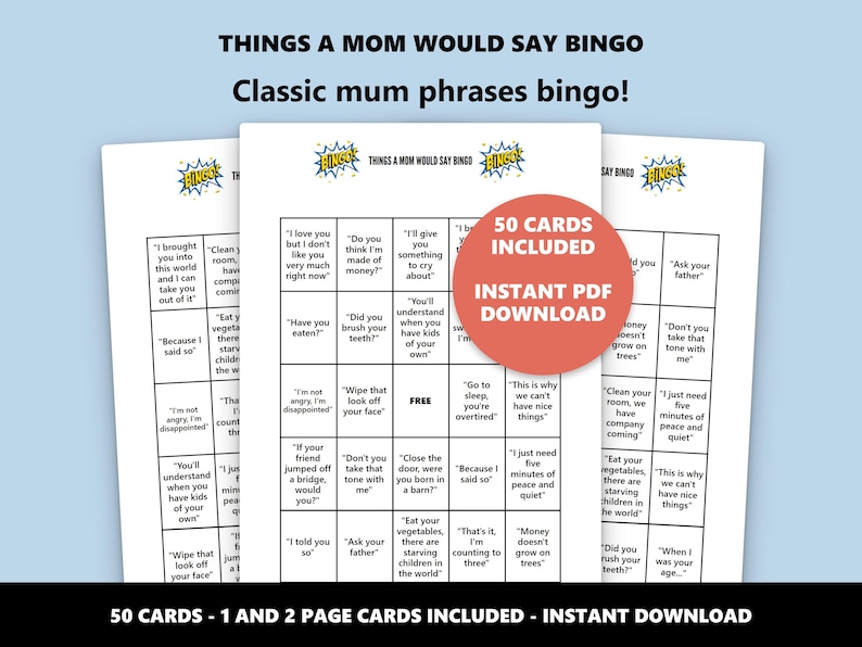 Things a Mom Would Say Bingo: Classic Mum Phrases Bingo Game (Instant Download) image 1