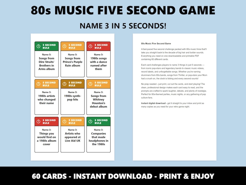 Musique des années 80, jeu Five Second : jeu de société rétro amusant (téléchargement instantané) image 2