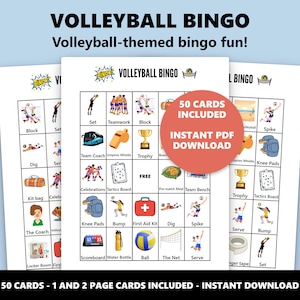 Pode incluir: Tr&ecirc;s cartelas de bingo de voleibol com fundo azul. As cartelas apresentam imagens e texto com tema de voleibol em um fundo branco. O texto inclui "VOLLEYBALL BINGO" e "50 CART&Otilde;ES INCLU&Iacute;DOS - DOWNLOAD PDF INSTANT&Acirc;NEO".