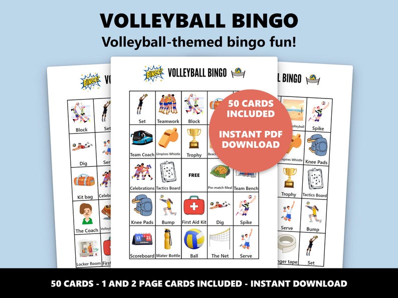 Pode incluir: Tr&ecirc;s cartelas de bingo de voleibol com fundo azul. As cartelas apresentam imagens e texto com tema de voleibol em um fundo branco. O texto inclui "VOLLEYBALL BINGO" e "50 CART&Otilde;ES INCLU&Iacute;DOS - DOWNLOAD PDF INSTANT&Acirc;NEO".