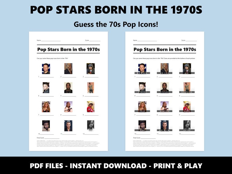 70s Pop Stars Picture Quiz: Music Trivia Game (Instant PDF Download) image 2