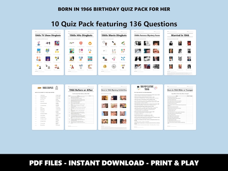 Paquete de preguntas de cumpleaños de 1966: Trivial del 60.º cumpleaños, 10 juegos (descarga instantánea en PDF) imagen 1