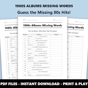 1980s Album Missing Words: Music Quiz Game (Instant PDF Download) image 1