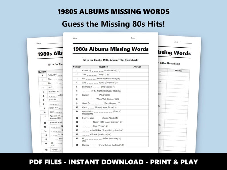 1980s Album Missing Words: Music Quiz Game (Instant PDF Download) image 1
