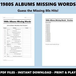 1980s Album Missing Words: Music Quiz Game (Instant PDF Download) image 2