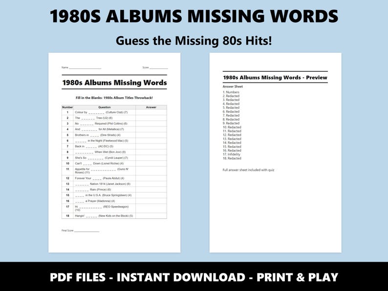 1980s Album Missing Words: Music Quiz Game (Instant PDF Download) image 2