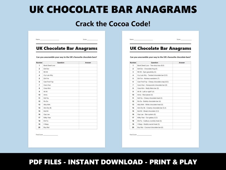 UK Chocolate Bar Anagrams Quiz: Printable Word Game (Instant PDF Download) image 2