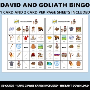 Puede incluir: Una hoja de juego de bingo imprimible "David y Goliat" con ilustraciones coloridas de personajes y objetos b&iacute;blicos. El texto "DAVID AND GOLIATH BINGO" y "1 CARD AND 2 CARD PER PAGE SHEETS INCLUDED" se muestran en la parte superior.