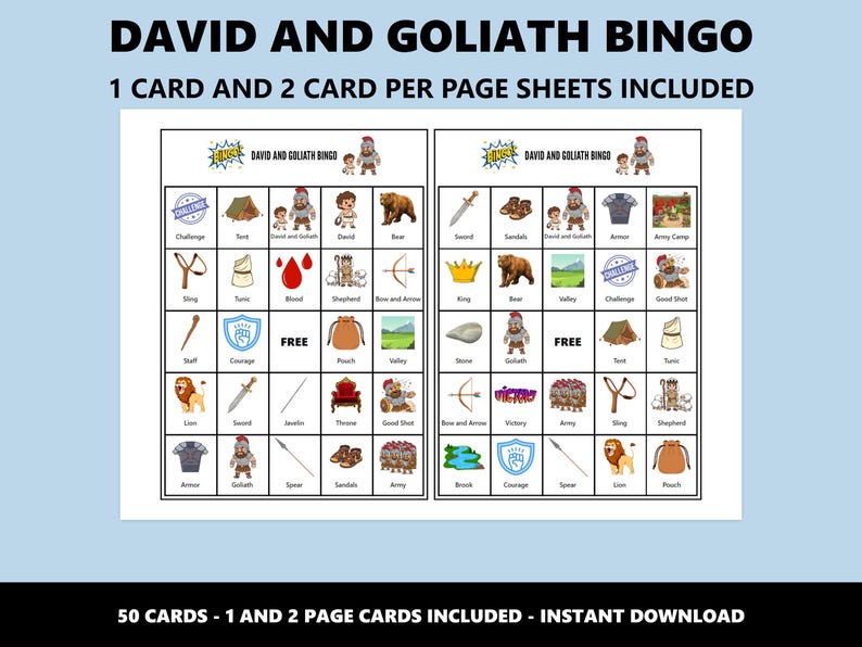 Puede incluir: Una hoja de juego de bingo imprimible "David y Goliat" con ilustraciones coloridas de personajes y objetos b&iacute;blicos. El texto "DAVID AND GOLIATH BINGO" y "1 CARD AND 2 CARD PER PAGE SHEETS INCLUDED" se muestran en la parte superior.