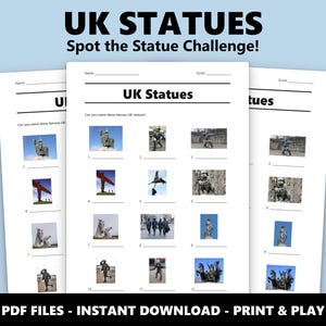 以下が含まれることがあります： 「UK Statues」というタイトルと「Spot the Statue Challenge！」というプロンプトが付いた3枚の白い紙。シートには、識別用の番号付きの空白がある英国の彫像の画像が掲載されています。下部のテキストは「PDF FILES - INSTANT DOWNLOAD - PRINT & PLAY」と書かれています。