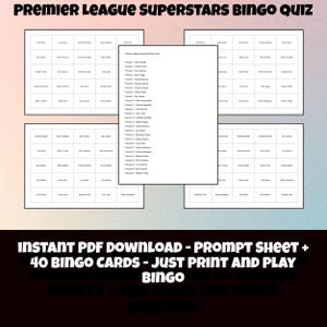 Printable Premier League Superstars Bingo Quiz Game with 40 Unique Bingo Cards
