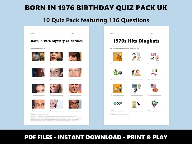 50th Birthday UK Quiz: Born in 1976 Trivia Bundle (Instant PDF Download) image 2