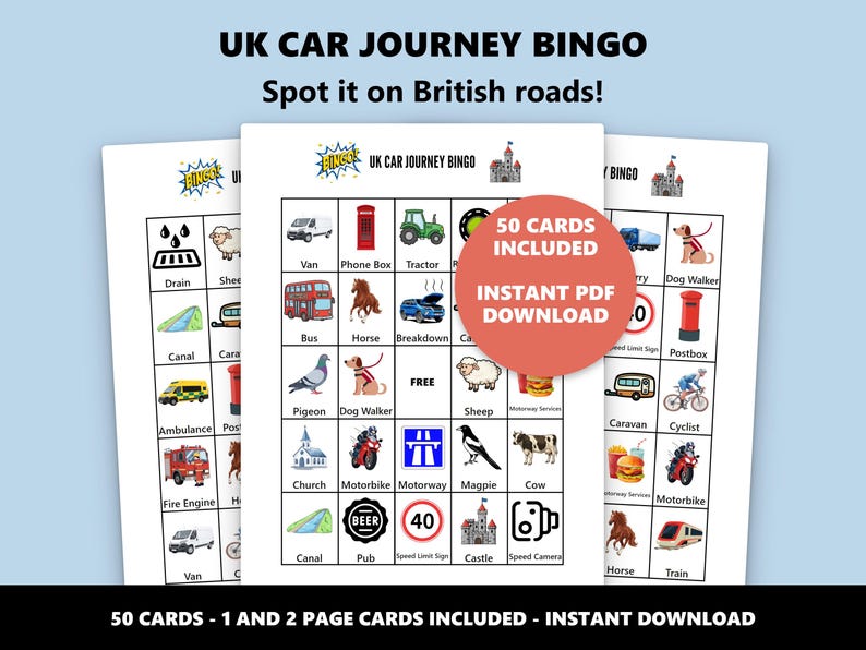 英国ドライブ旅行ビンゴ：家族で楽しめる英国ロードトリップビンゴゲーム（即時ダウンロード） 画像 1