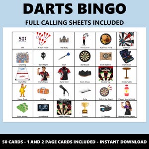 May include: A white bingo card with the words "DARTS BINGO" at the top. The card features various dart-related images and text, including "501", "Dart Finish", "Dartboard", and "Trophy". The text "FULL CALLING SHEETS INCLUDED" is also present.