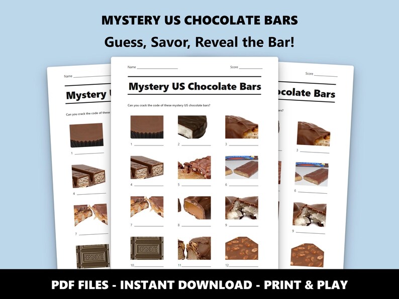 Mystery US Chocolate Bars Picture Quiz: Fun Printable Candy Trivia Game (Instant PDF Download) image 1