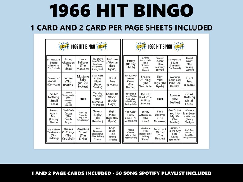 1966 Hit Bingo: 60er Jahre Musik Bingo Spiel (Instant Download) Bild 2