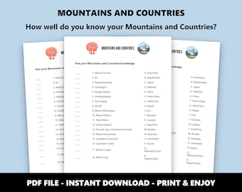 Mountains and Countries: Match-up Choice Quiz Game (Instant Download)