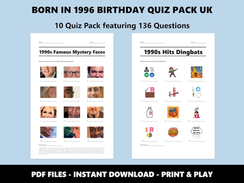 30e verjaardag UK Quiz Pack: Born in 1996 Trivia-bundel (directe pdf-download) afbeelding 2
