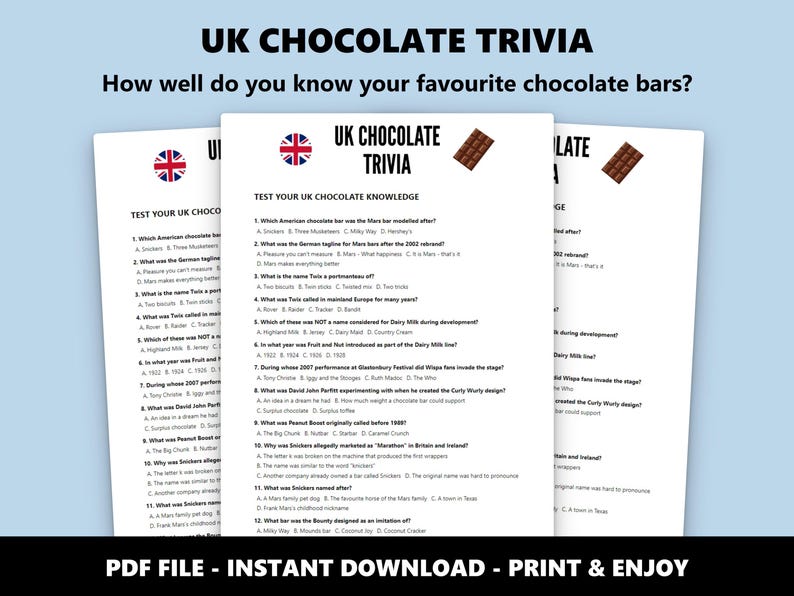 イギリスのチョコレートに関するクイズ：多肢選択式のイギリスのお菓子と菓子に関するテスト（すぐにダウンロードできます） 画像 1