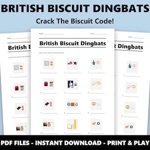 May include: Three white pages with the title "British Biscuit Dingbats" and the text "Crack The Biscuit Code!". Each page has a series of illustrated puzzles. The bottom of the image reads "PDF FILES - INSTANT DOWNLOAD - PRINT & PLAY".