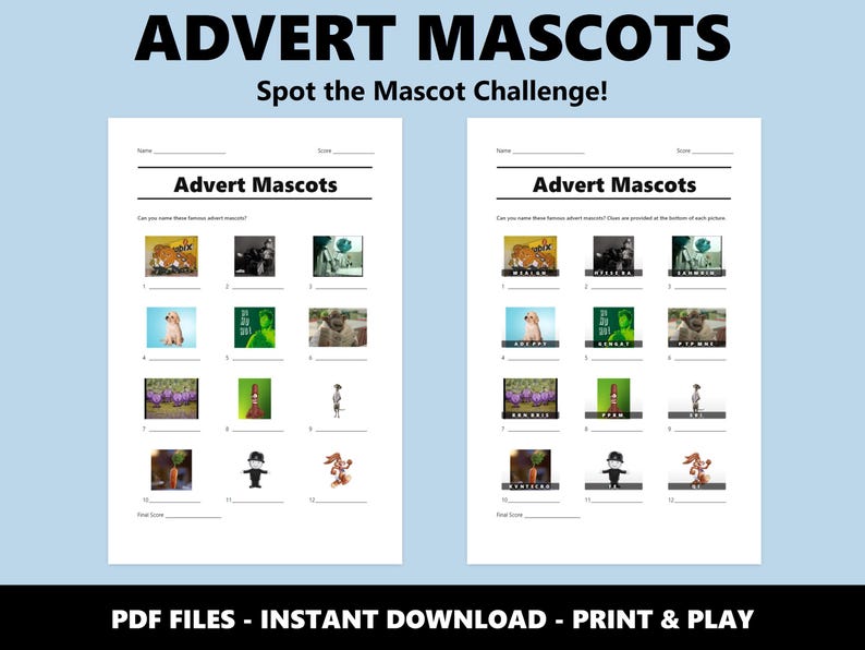 Werbung Maskottchen Bilderquiz: Lustiges Quiz-Spiel für Partys und Familienabende (Instant PDF Download) Bild 2