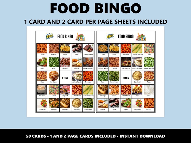 Jogo de Bingo de Comida: 50 cartelas, delícias saborosas, download instantâneo em PDF imagem 2