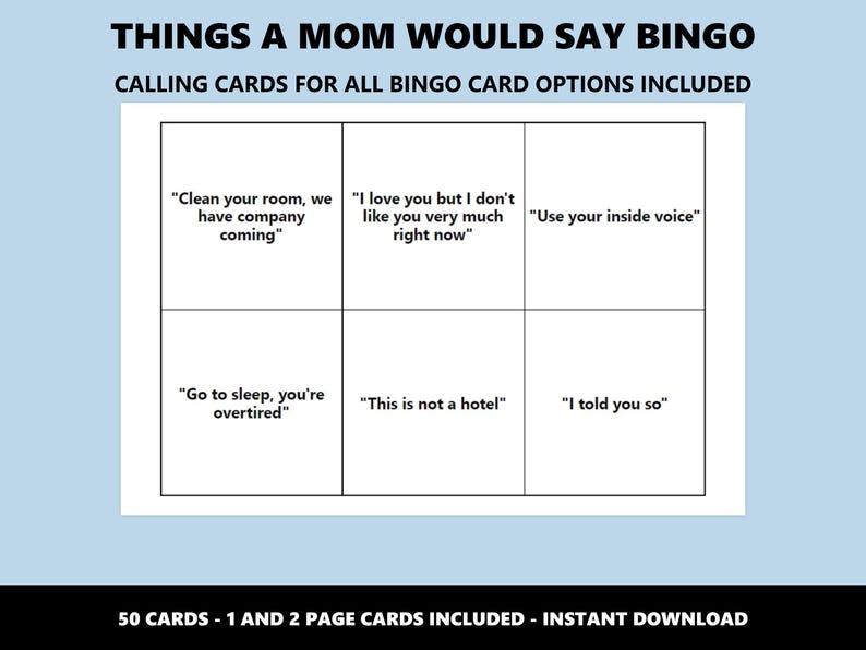 Things a Mom Would Say Bingo: Classic Mum Phrases Bingo Game (Instant Download) image 4