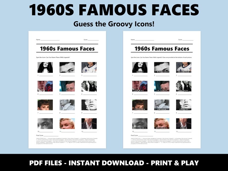1960s Famous Faces Picture Quiz: Party Trivia Game (Instant PDF Download) image 2