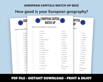 European Capitals Match Up Quiz: Fun Geography Game (Instant Download)