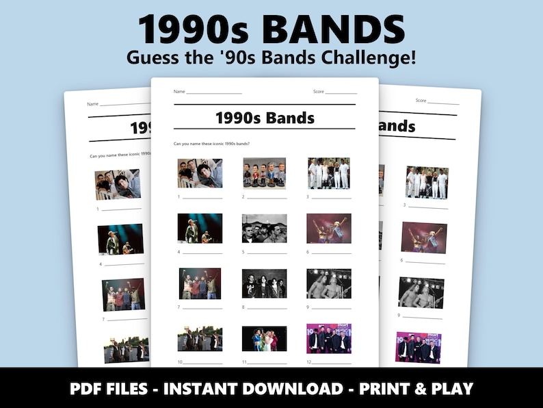1990s Bands Picture Quiz: Music Trivia Game (Instant PDF Download) image 1