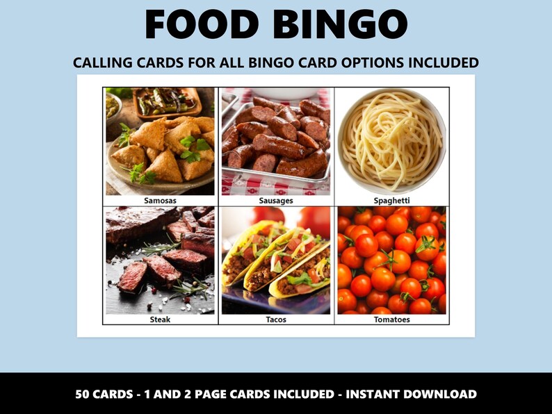 Jogo de Bingo de Comida: 50 cartelas, delícias saborosas, download instantâneo em PDF imagem 4