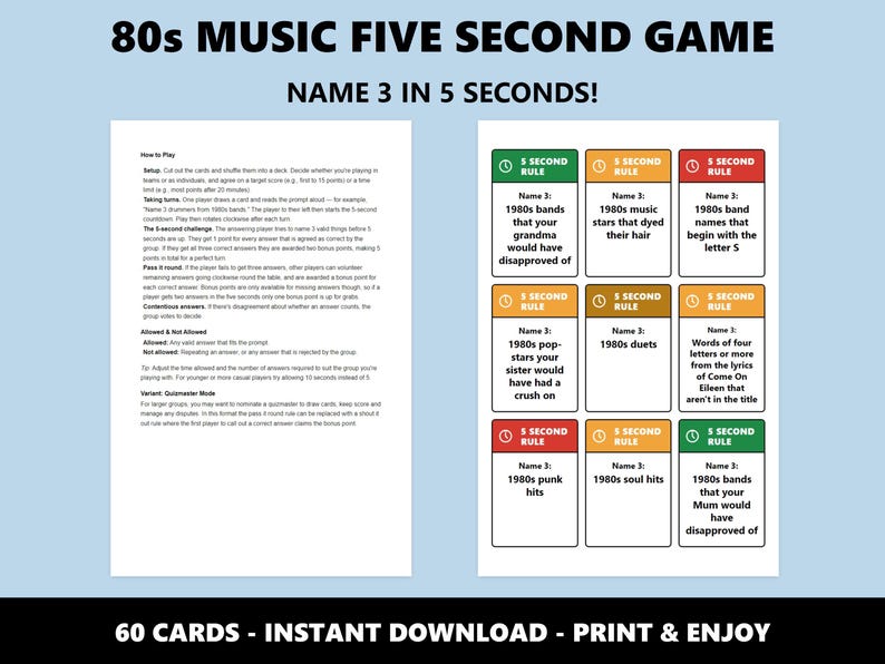Musique des années 80, jeu Five Second : jeu de société rétro amusant (téléchargement instantané) image 3